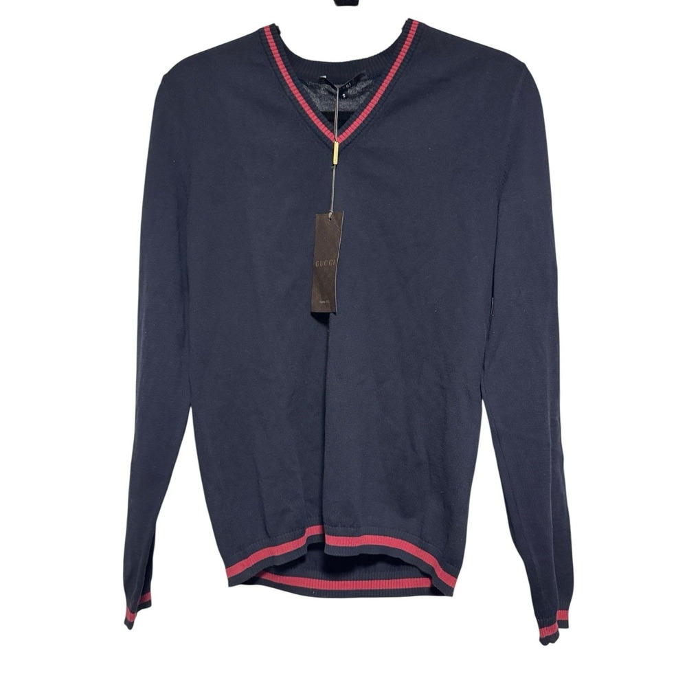 Gucci Men's V-Neck Knit Sweater Navy Red Trim Made in‎ Italy Size S New